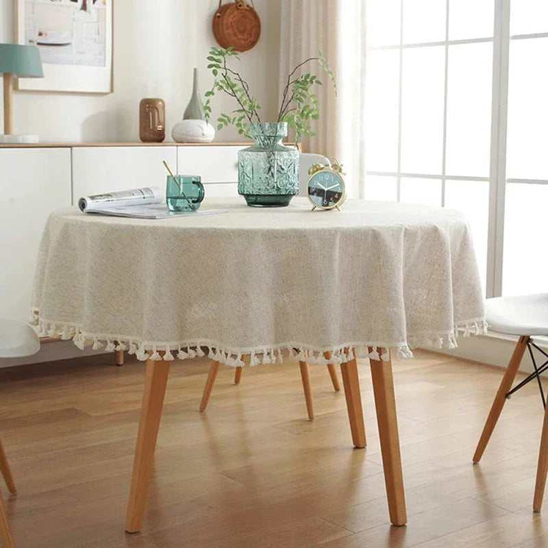 Classic Linen Round Tablecloth with Tassels or Ruffle