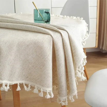 Classic Linen Round Tablecloth with Tassels or Ruffle