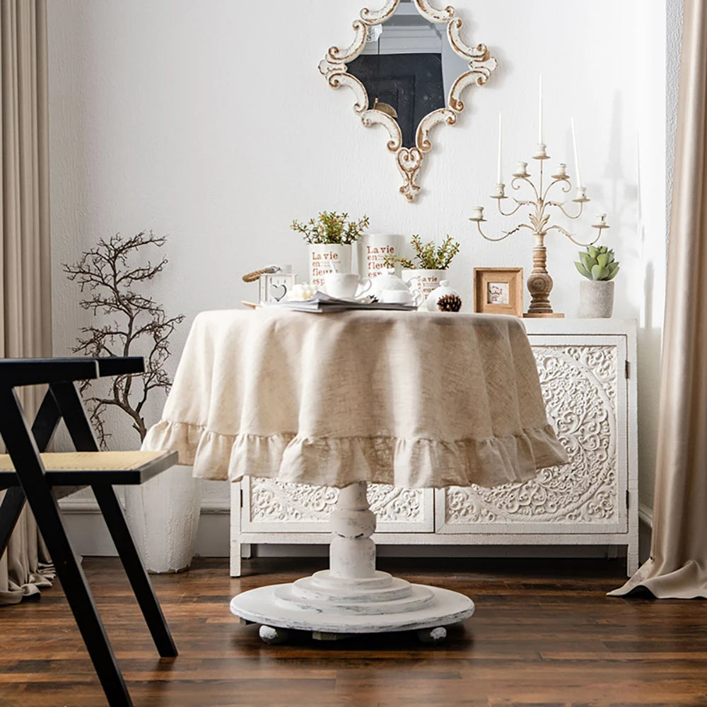 Classic Linen Round Tablecloth with Tassels or Ruffle